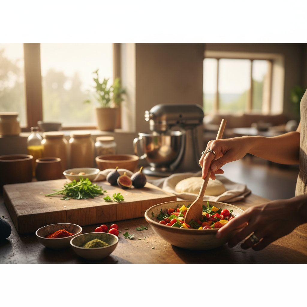 Warm inviting kitchen scene with hands preparing food
